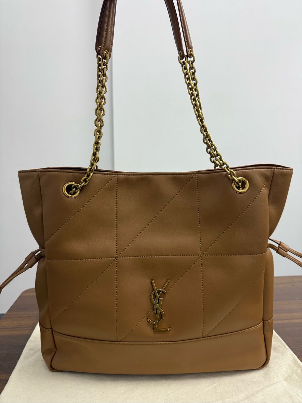 Saint Laurent Brown Quilted Leather Shoulder Tote with Gold Chain Straps